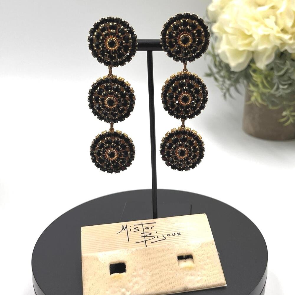 Mistar Bijoux Deadstock 3D Puff Three Drop Dangle Crystal Gold Clip‎ on Earrings